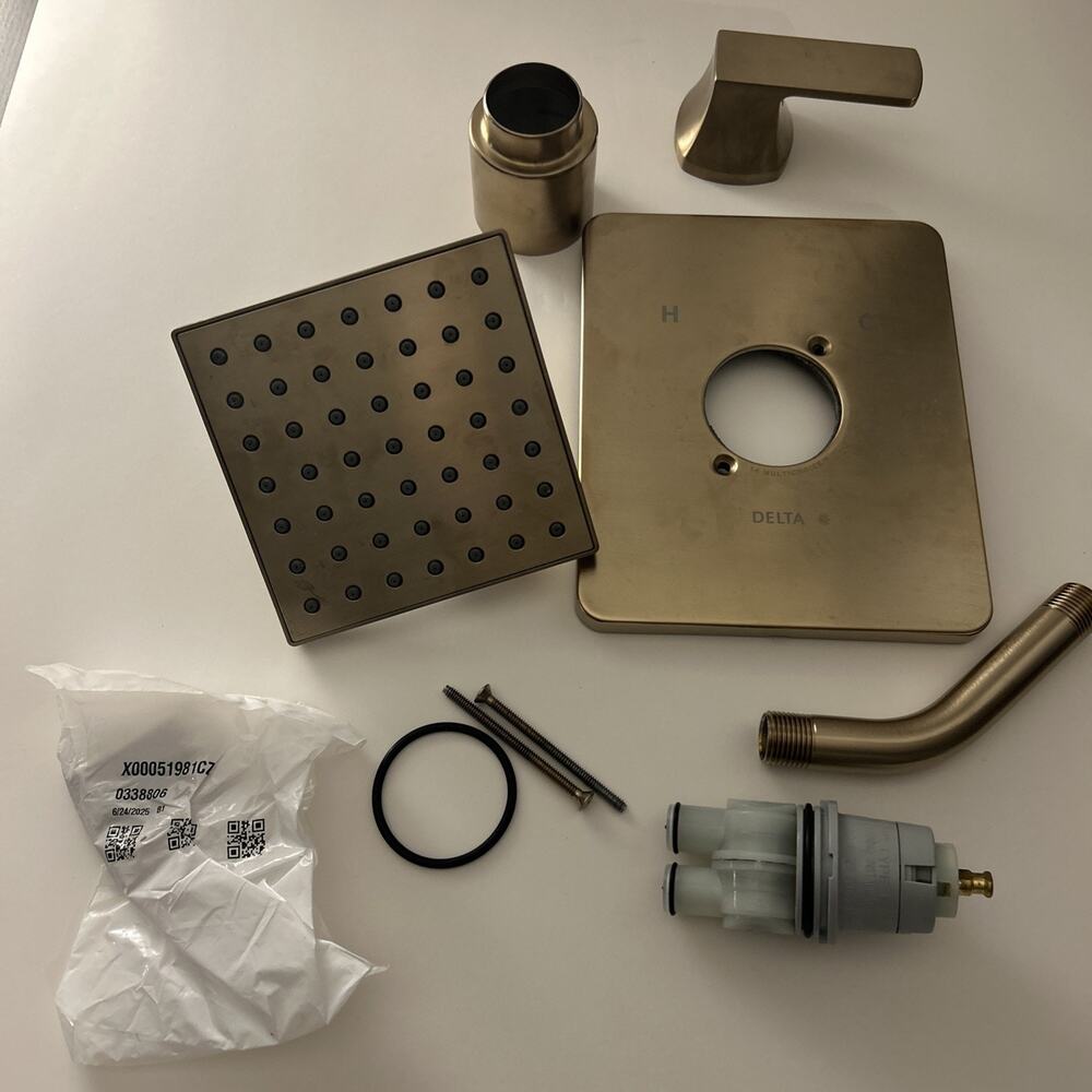 Delta Brushed Gold Shower Trim Set with Square Showerhead and Single Lever